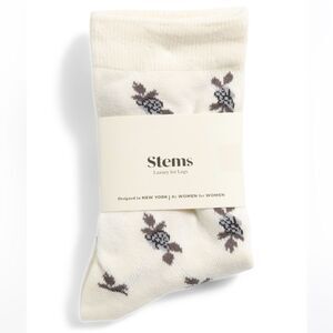 Stems Ivory Black Melody Flower Print Cotton Blend Stretch Knit Crew Socks